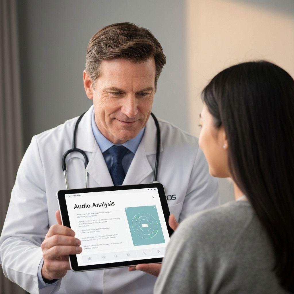 Doctor explaining a voice analysis result to a patient on a tablet